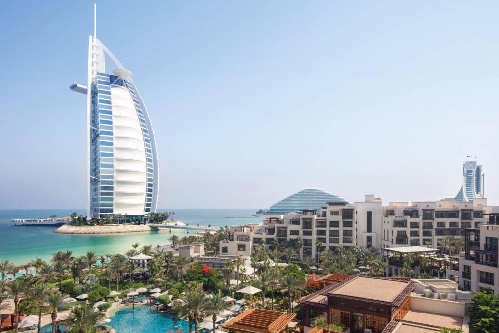 Jumeirah Al Naseem pool and beach view at Madinat Jumeirah luxury resort in Dubai